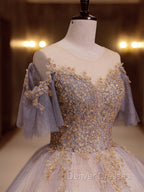 A-Line Scoop Neckline Gray Blue Long Prom Dress, Tulle Lace Long Evening Dress