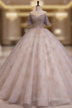 A-Line Scoop Neckline Gray Blue Long Prom Dress, Tulle Lace Long Evening Dress