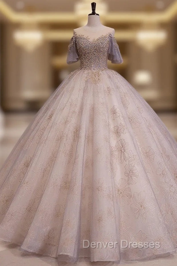 A-Line Scoop Neckline Gray Blue Long Prom Dress, Tulle Lace Long Evening Dress