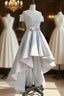 A-Line Scoop Neckline Lace Gray Prom Dress, High Low Style Satin Formal Dress
