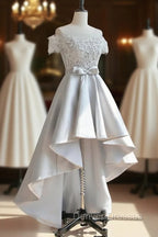 A-Line Scoop Neckline Lace Gray Prom Dress, High Low Style Satin Formal Dress