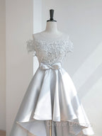 A-Line Scoop Neckline Lace Gray Prom Dress, High Low Style Satin Formal Dress