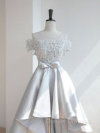 A-Line Scoop Neckline Lace Gray Prom Dress, High Low Style Satin Formal Dress