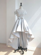 A-Line Scoop Neckline Lace Gray Prom Dress, High Low Style Satin Formal Dress