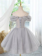A-Line Scoop Neckline Off Shoulder Tulle Gray Short Prom Dress With Lace Beads