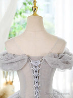 A-Line Scoop Neckline Off Shoulder Tulle Gray Short Prom Dress With Lace Beads