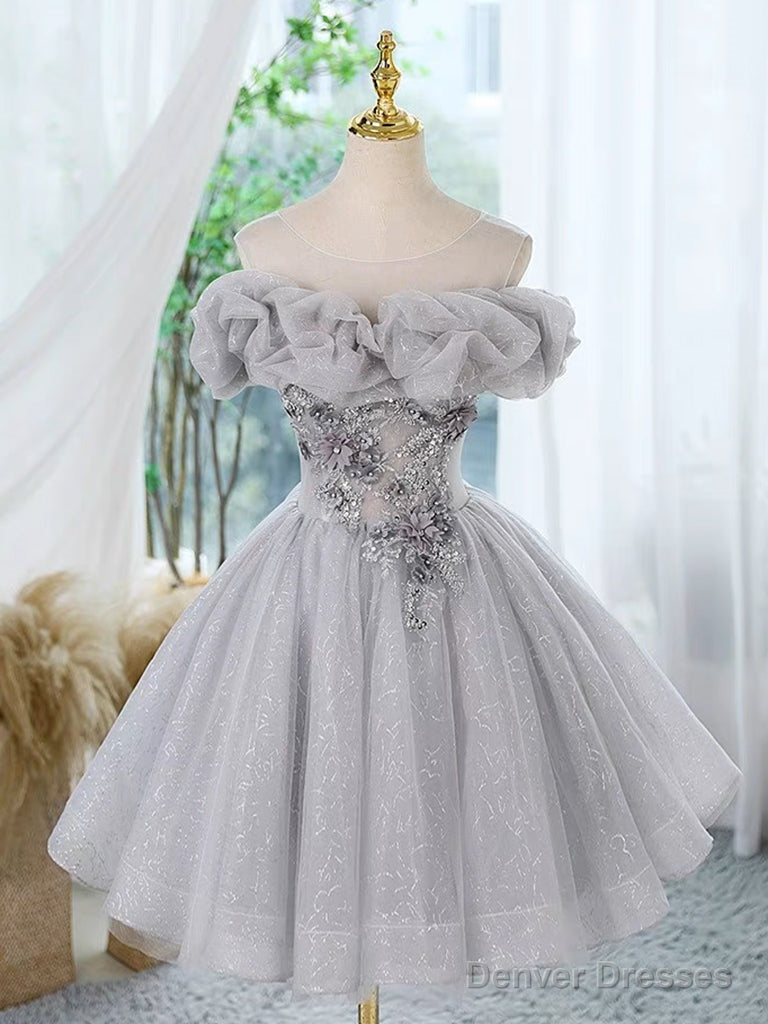 A-Line Scoop Neckline Off Shoulder Tulle Gray Short Prom Dress With Lace Beads Main image