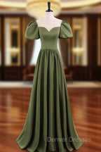 A-Line Scoop Neckline Puff Sleeves Satin Long Green Prom Dress, Green Formal Dress