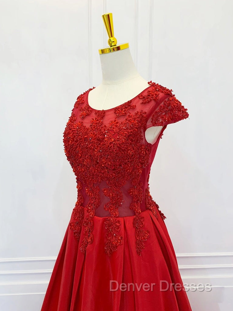 A-Line Scoop Neckline Satin Lace Burgundy Long Prom Dress, Burgundy Lace Long Formal Dress Secondary image