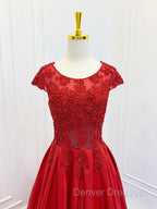 A-Line Scoop Neckline Satin Lace Burgundy Long Prom Dress, Burgundy Lace Long Formal Dress