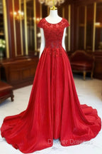 A-Line Scoop Neckline Satin Lace Burgundy Long Prom Dress, Burgundy Lace Long Formal Dress