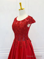 A-Line Scoop Neckline Satin Lace Burgundy Long Prom Dress Formal Dress Short Sleeves December Wedding Guest Dress