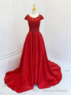A-Line Scoop Neckline Satin Lace Burgundy Long Prom Dress Formal Dress Short Sleeves December Wedding Guest Dress
