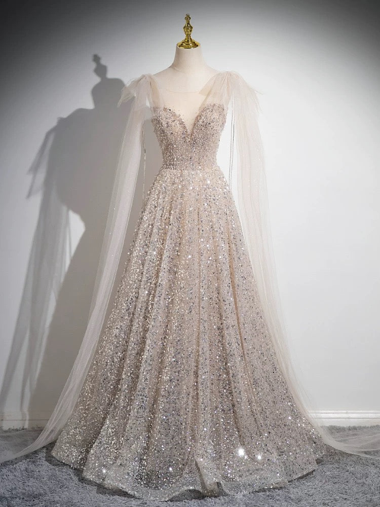 A-Line Scoop Neckline Tulle Champagne Long Prom Dress, Champagne Sequin Evening Dress Main image