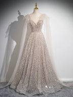 A-Line Scoop Neckline Tulle Champagne Long Prom Dress, Champagne Sequin Evening Dress