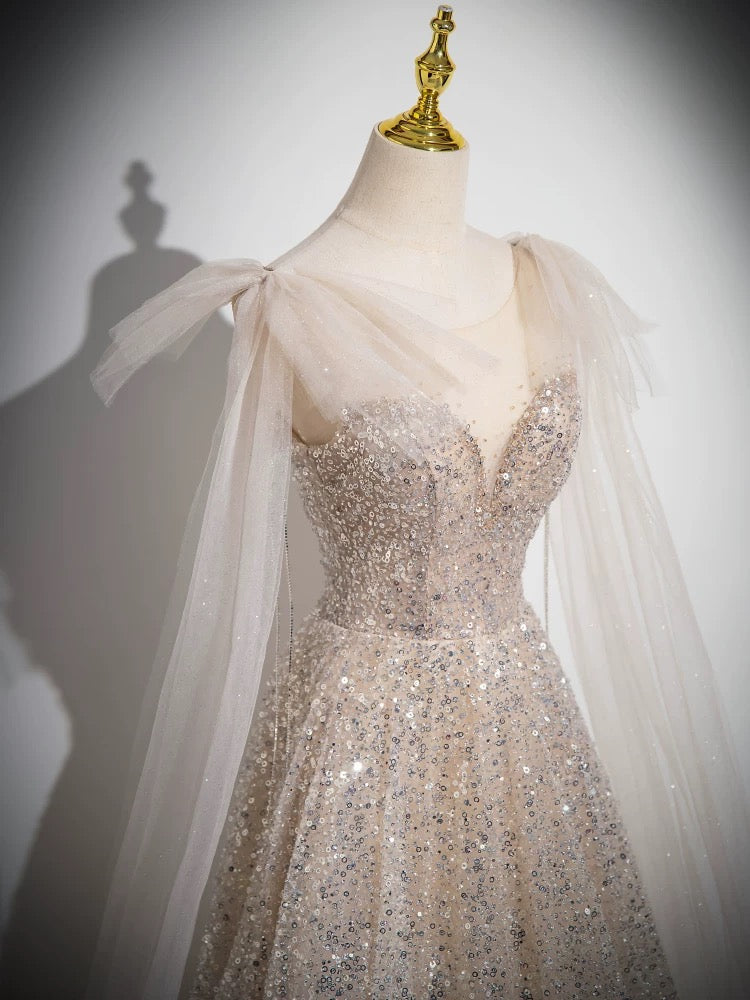 A-Line Scoop Neckline Tulle Champagne Long Prom Dress, Champagne Sequin Evening Dress Secondary image
