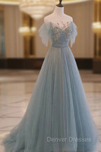 A-Line Scoop Neckline Tulle Gray Blue Long Prom Dress with Sequin