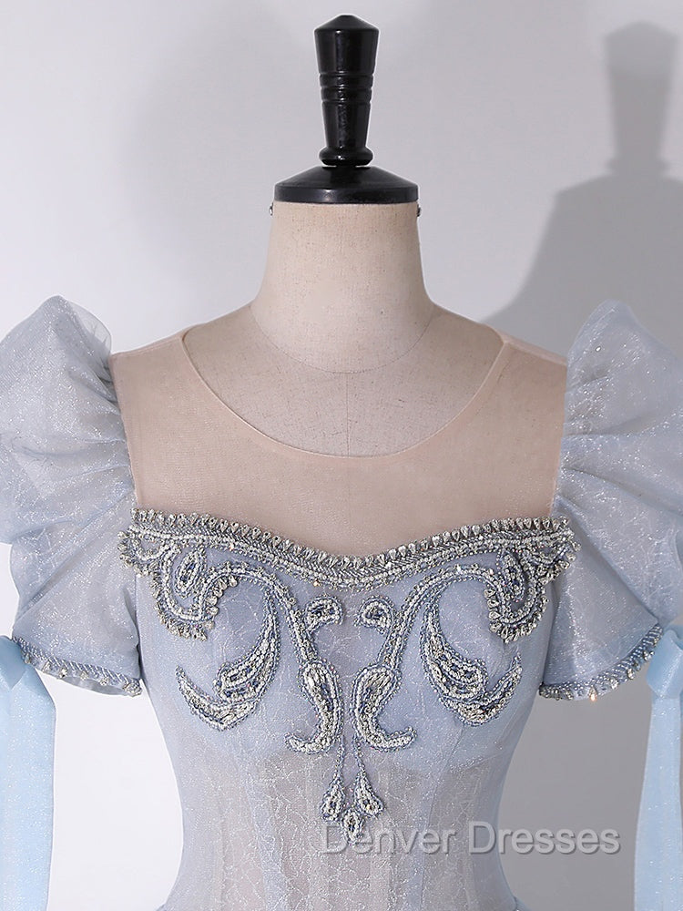 A-Line Scoop Neckline Tulle Light Blue Long Prom Dress with Beads Secondary image