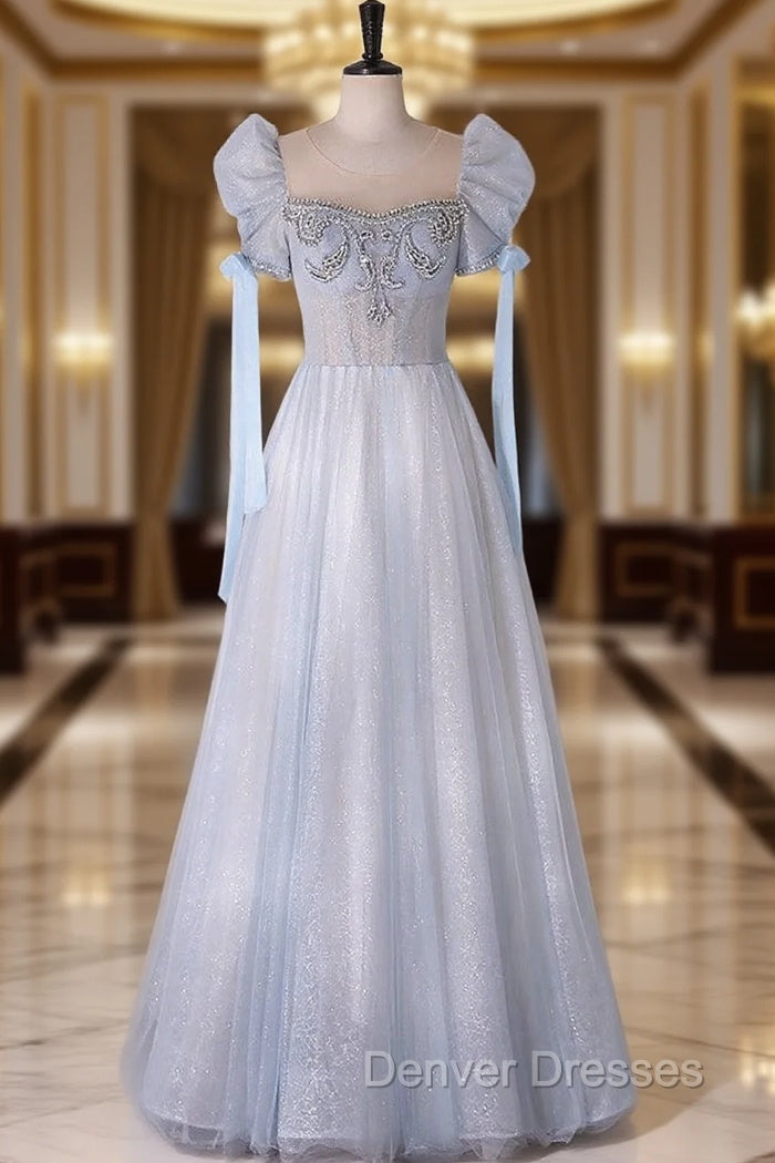 A-Line Scoop Neckline Tulle Light Blue Long Prom Dress with Beads Main image