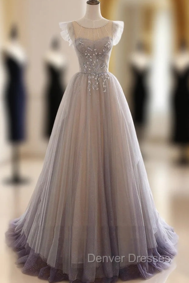 A-Line Scoop Neckline Tulle Long Prom Dress with Beaded, Evening Party Dress Main image