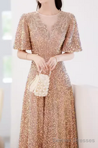 A line Sequin Gold Party Dress Long Prom Dress