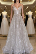 A line sequin long prom Dress, Champagne sequin evening Dress