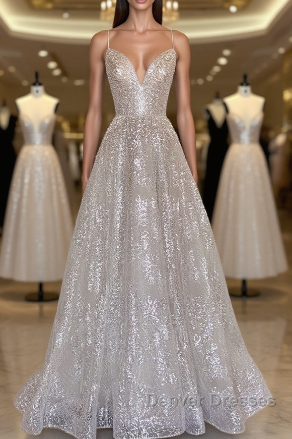 A line sequin long prom Dress, Champagne sequin evening Dress