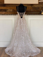 A line sequin long prom Dress, Champagne sequin evening Dress