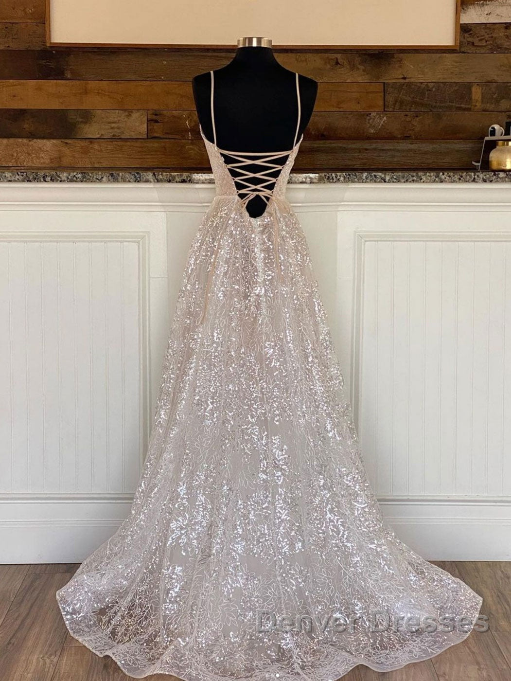 A line sequin long prom Dress, Champagne sequin evening Dress