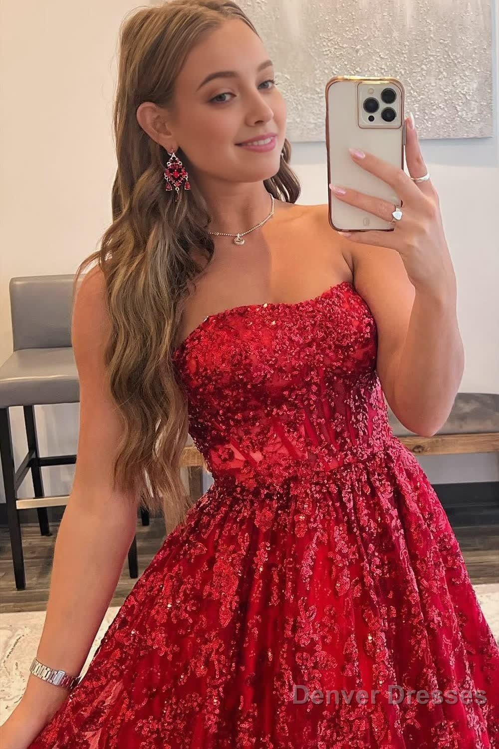 A-line Sequined Lace Long Prom Dress with Pockets