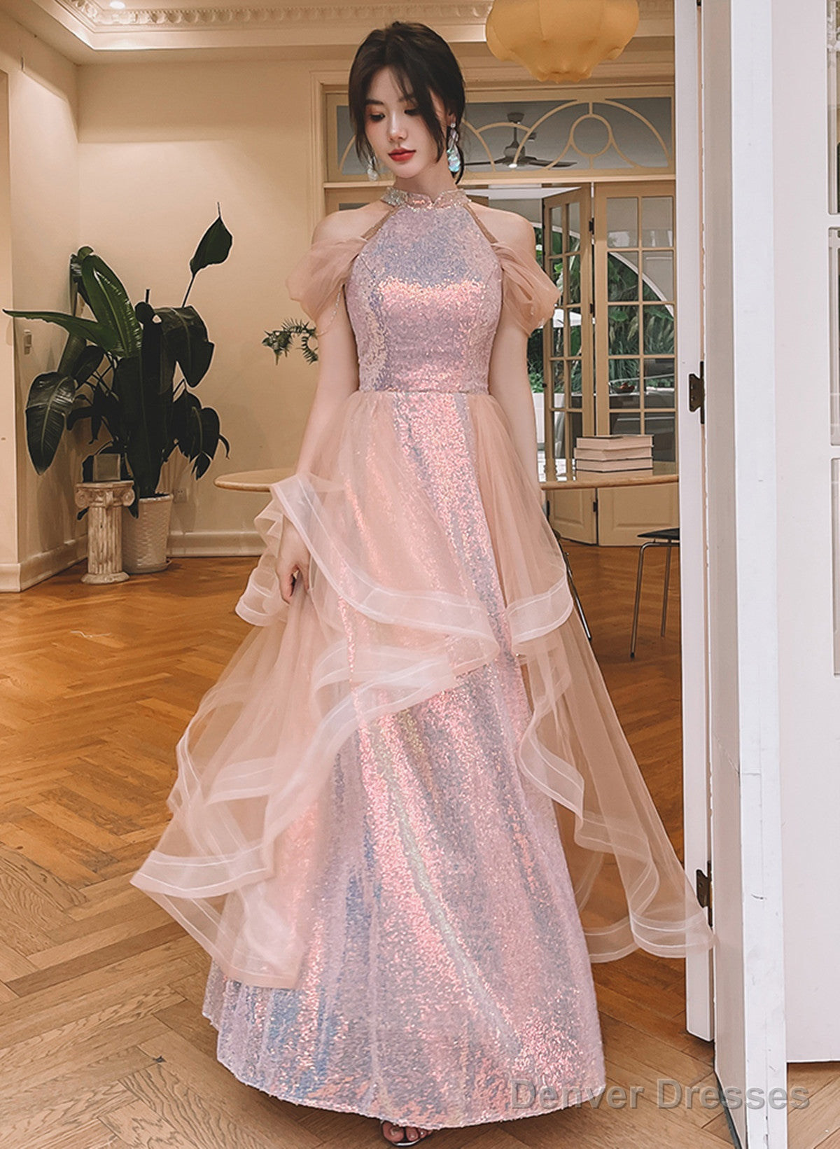 A-Line Sequins And Tulle Pink Long Evening Dress, Pink Tulle Prom Dress Main image