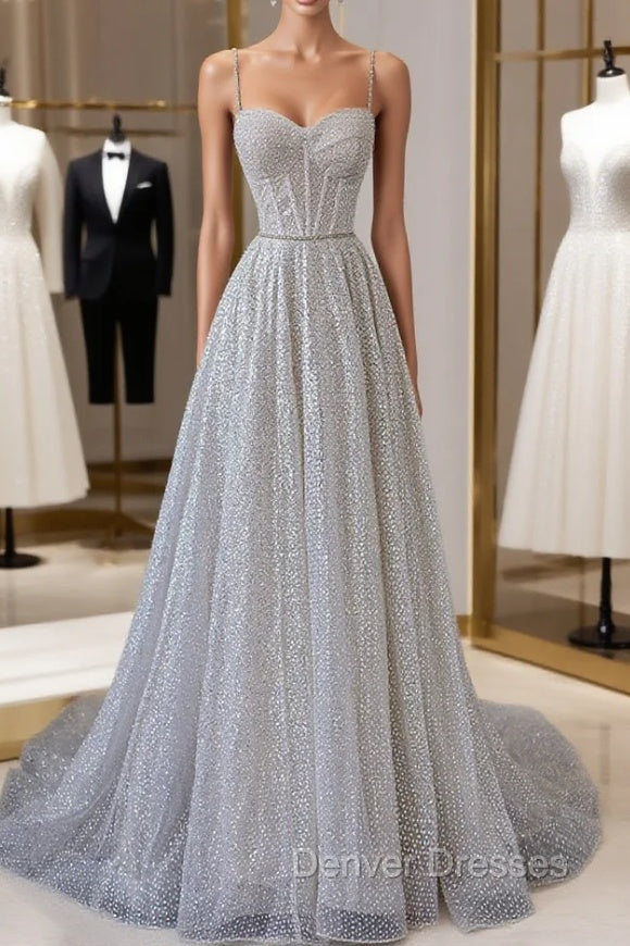A-Line Sequins Long Prom Dress, Spaghetti Strap and Corset Evening Dress