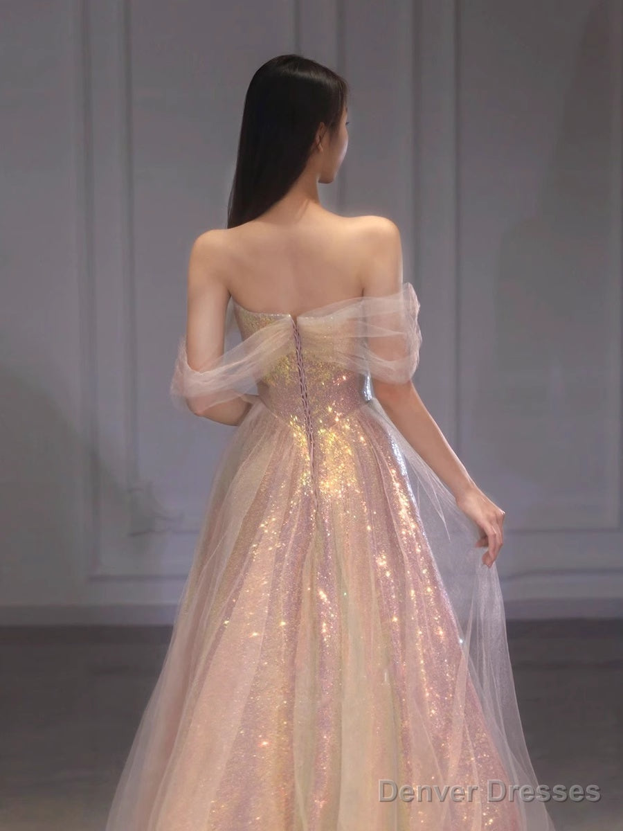 A-Line Sequins Off Shoulder Simple Long Formal Dress, Sweetheart Prom Dress Evening Dress