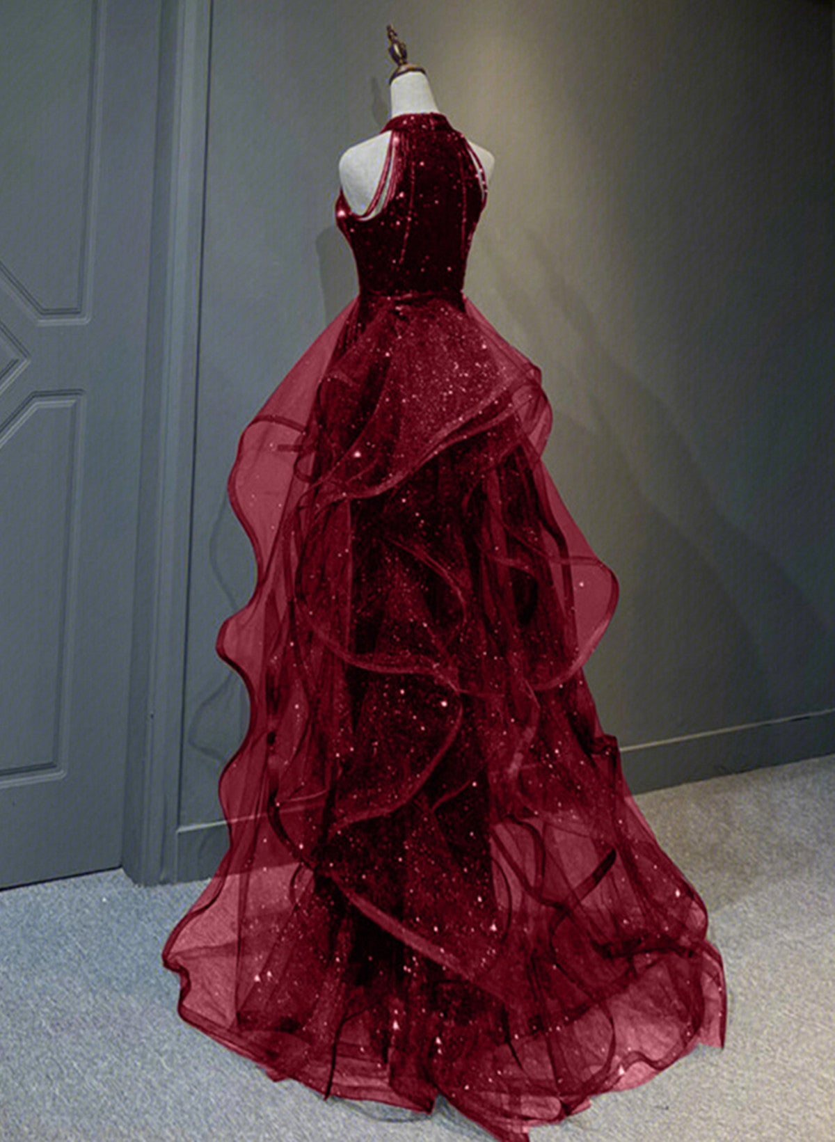 A-Line Sequins With Tulle Wine Red Long Party Dress, Wine Red Halter Prom Dress