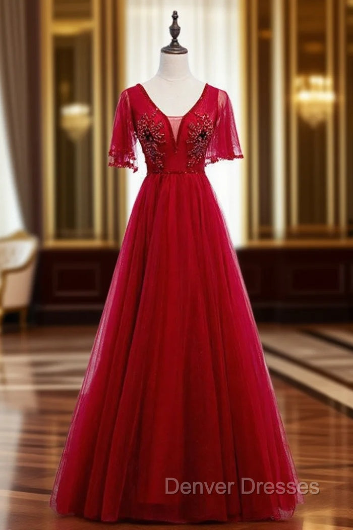 A-Line Sexy Burgundy Tulle V-neck Backless Beading Prom Dress Main image