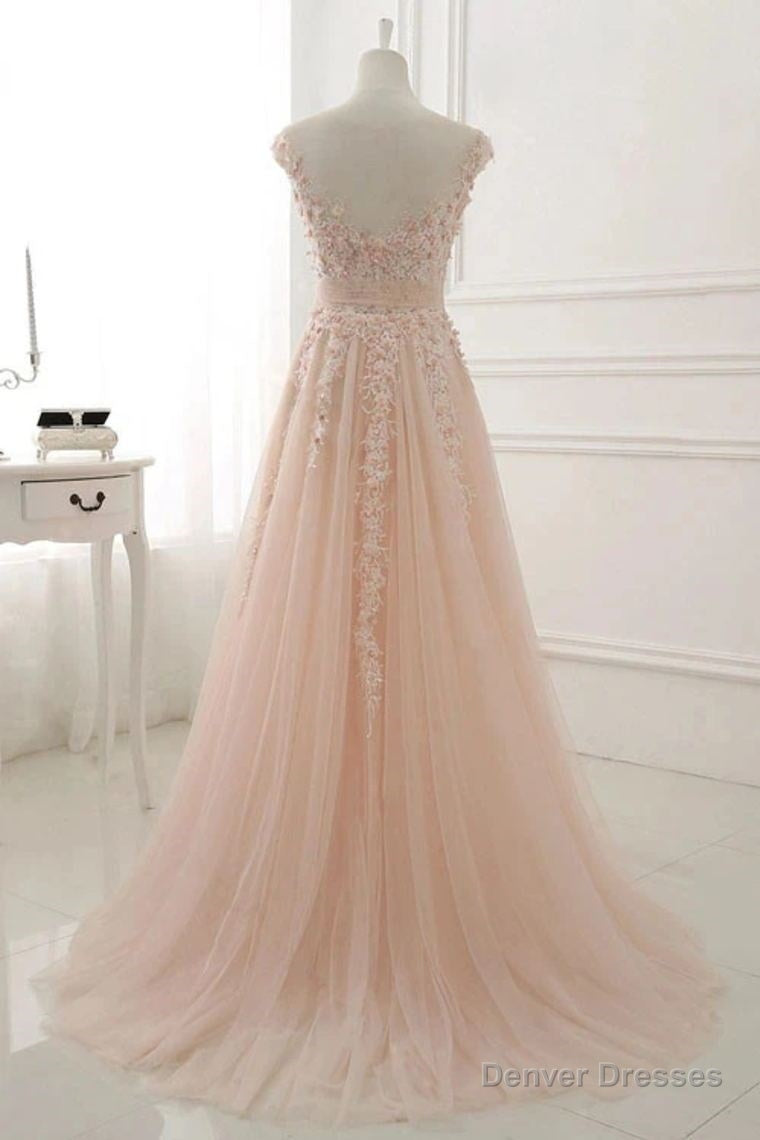 A Line Sheer Neck Cap Sleeves Tulle Prom Dresses With Appliques Secondary image