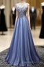 A Line Sheer Neck Rhinestones Long Tulle Prom Dress Floor Length Beautiful