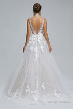A-LINE SHEER STRAPS V-NECK TULLE APPLIQUE FLOOR-LENGTH SLEEVELESS WEDDING DRESSES