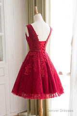 A Line Short Burgundy Lace Prom Dress, Lace Graduation Dress, Homecoming Dresses, Burgundy Bridesmaid Dresses