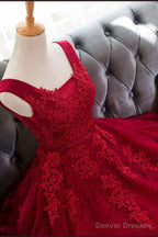 A Line Short Burgundy Lace Prom Dress, Lace Graduation Dress, Homecoming Dresses, Burgundy Bridesmaid Dresses