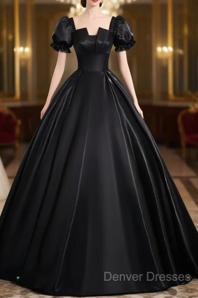 A-Line Short Sleeve Black Satin Long Prom Dress, Black Long Formal Dress Main image