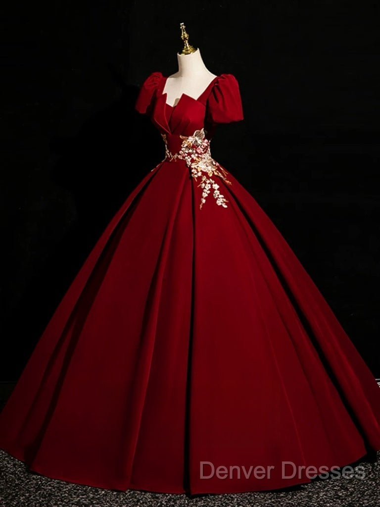 A-Line Short Sleeve Satin Lace Applique Burgundy Long Prom Dress