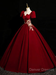 A-Line Short Sleeve Satin Lace Applique Burgundy Long Prom Dress