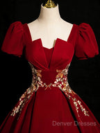 A-Line Short Sleeve Satin Lace Applique Burgundy Long Prom Dress