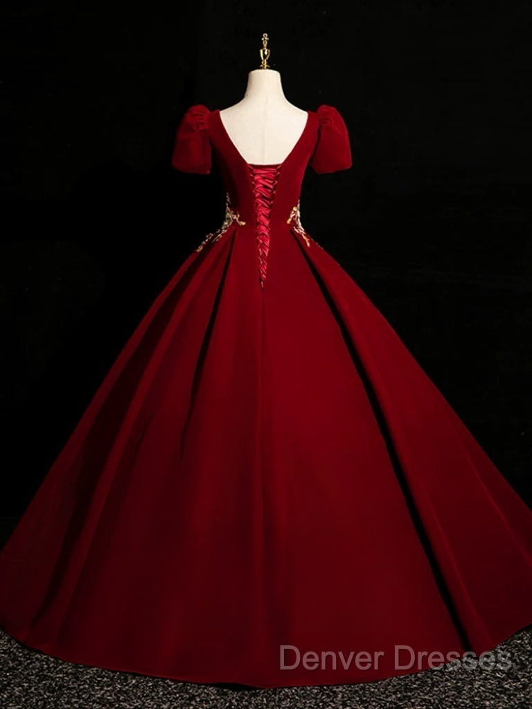 A-Line Short Sleeve Satin Lace Applique Burgundy Long Prom Dress