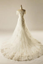 A-Line Short Sleeve Waist Lace Wedding Dress With Appliques Beading