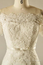 A-Line Short Sleeve Waist Lace Wedding Dress With Appliques Beading