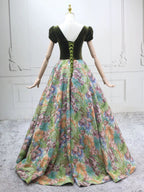A-Line Short Sleeves Green Long Prom Dress, Printed Satin Green Long Evening Dress