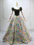 A-Line Short Sleeves Green Long Prom Dress, Printed Satin Green Long Evening Dress