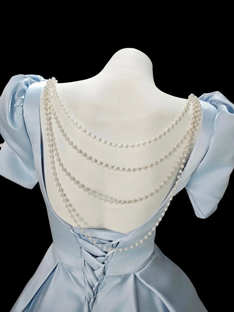 A-Line Short Sleeves Satin Blue Short Prom Dress With Beads